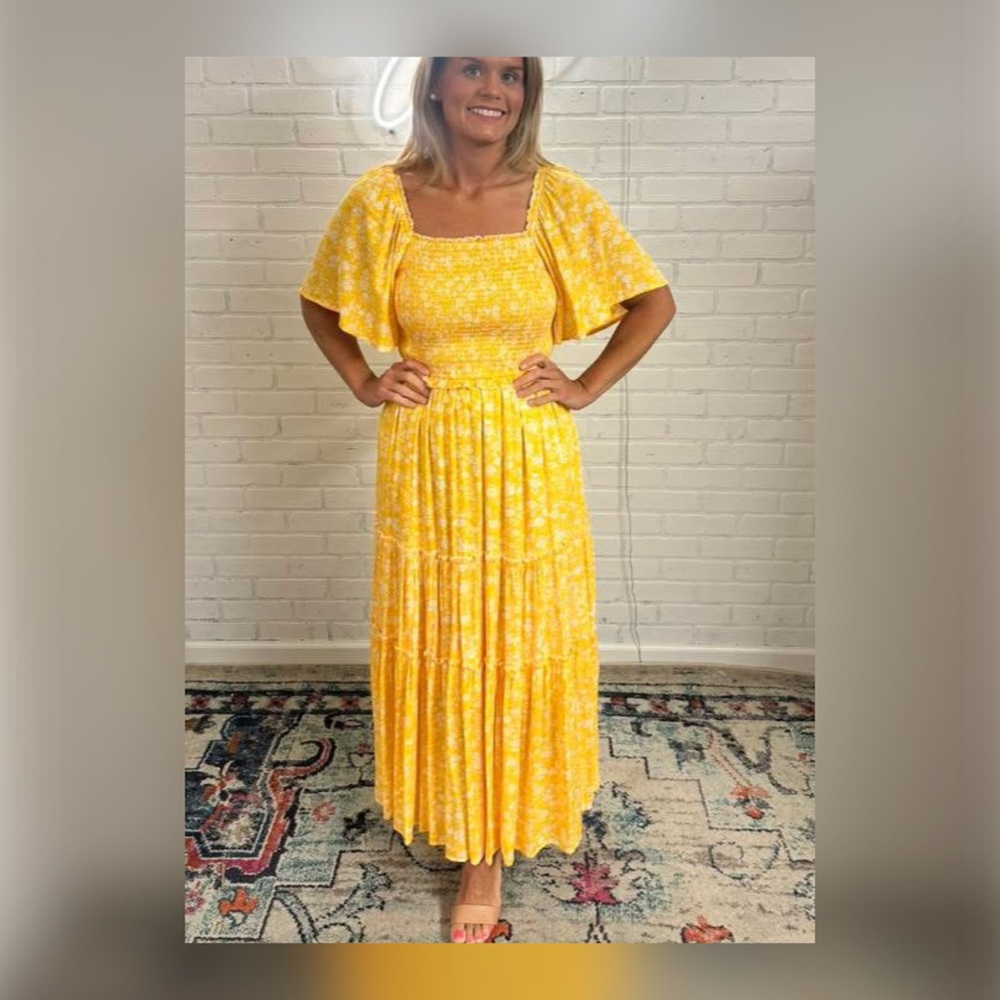 Sunny Yellow Ditsy Floral Smocked Maxi Dress